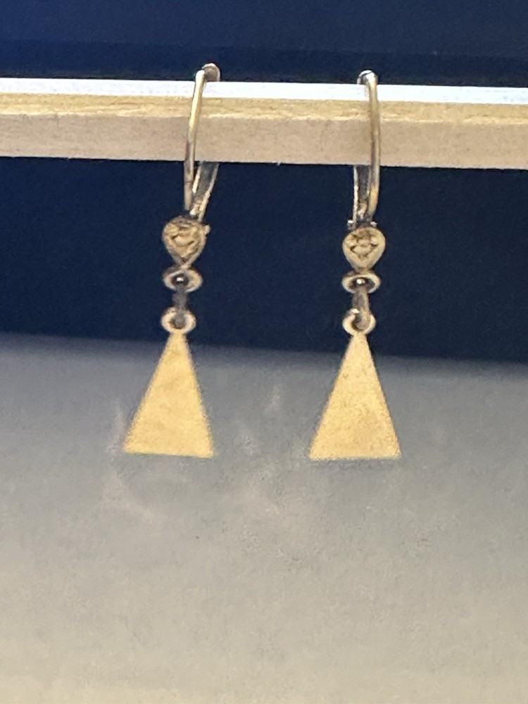 VTG Rolled Gold Dangle Triangle Leverback Earrings-Dainty Floral Accent-Pierced