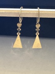 VTG Rolled Gold Dangle Triangle Leverback Earrings-Dainty Floral Accent-Pierced