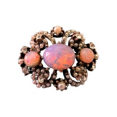 Vintage Gold Tone Filigree Fire Opal Cluster Brooch Pin Pearls