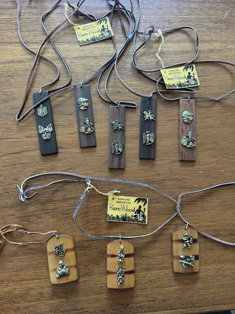 Vintage Lot Imported Rare Wood Necklaces Pieces Teak Walnut 1970s Leather Asian