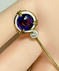 Antique 14K Enamel Art Deco Round Faceted Amethyst Diamond Stick Pin