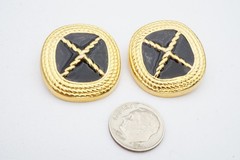 Vintage Clip On Earrings Gold Tone Black Enamel