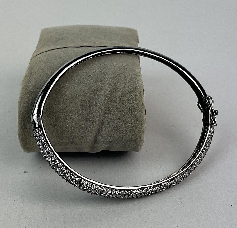 Vintage Sterling Silver 925 Rhinestone Hinged Bangle Bracelet Safety Lock