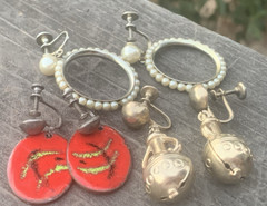 Vtg Screw Back Earring Lot-3 Red Copper Dangles Gennie Bottle Faux Pearl Hoops