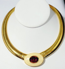 Vintage Yves Saint Laurent YSL Pink Crystal Tubogas Cream Enamel Collar Necklace