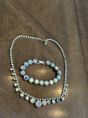 Vintage Weiss Clear Aurora Borealis Rhinestone Bracelet & Necklace Set Nice!
