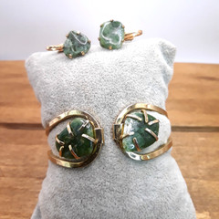 Vtg 1940s Genuine Prong Set Jade Nugget Clamper Bracelet & Clip On Earring Set