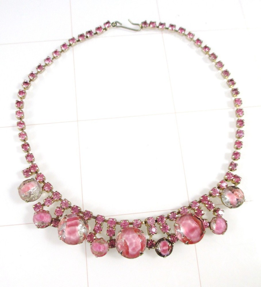 Vintage Pink Rhinestone Choker Necklace Mid Century Statement