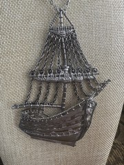 Vintage Sailing Ship Necklace Silver Tone Big Nautical Pendant Brutalist 60s 70s