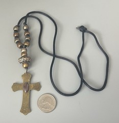 VTG Brass Cross-Religious-Black Cord- Plastic Beads-Necklace-Faux Shell Stone