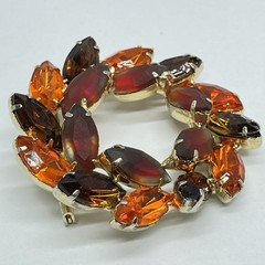 Rhinestone Wreath Brooch Marquise Frosted Red Amber Orange Gold‑Tone Mid‑Century