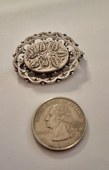 Antique Victorian Silver Engraved Detailed Long Stem Rose & Ivy Leaves Brooch