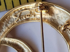 Tona Jewelry Signed 4″ Gold Design Swirl Brooch 4 Charms Dangling from 4 Chains