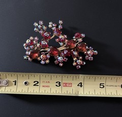Gorgeous Vintage Red AB Rhinestone Brooch In Gold Tone With Molded Beads 3.5”