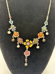 Vintage Cookie Lee Enameled Flower Statement Necklace Colorful Crystal