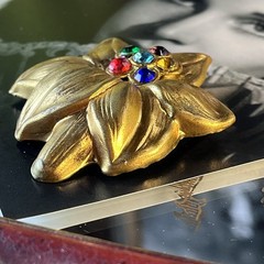 Antique Floral Brooch – Gold Washed Brass – Glass Stones – 2.25” – Tension Clasp