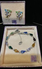 Vintage Signed B. David Rhodium Multi-Color Rhinestone Bracelet Earrings Ori Box