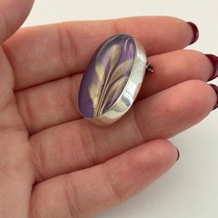 Vintage 925 Sterling Silver Purple Glass Flower Oval Brooch Pin Pendant