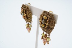 Vintage Clip On Earrings Gold Tone Glass Bead Mesh
