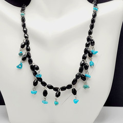 Southwestern Style Black Glass Faux Turquoise Beaded Fringe Vintage Necklace