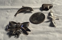 Lot Of 4: Sterling Animals, (1) Bear Slide, (3) Seagull, Dolphin, Lion Brooches