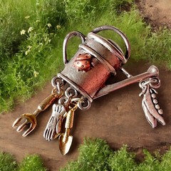 Gardening Charm Brooch Silver Tone Vintage Gardener Tools Watering Can Pin