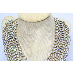 Vintage AB Rhinestone Fringe Bib Statement Necklace Silver Tone Glam