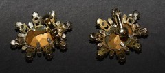 Vintage Coro Amber Rhinestone Aurora Borealis Accents Clip Hinge Earrings