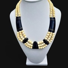 Art Deco Resin Bib Necklace Multi Strand Black Cream Bead Statement