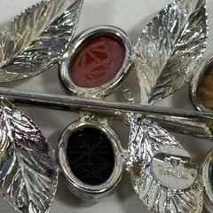VTG Egyptian Scarab Leaf Brooch Pin Multi Gemstone Sterling Silver Designer JJJ
