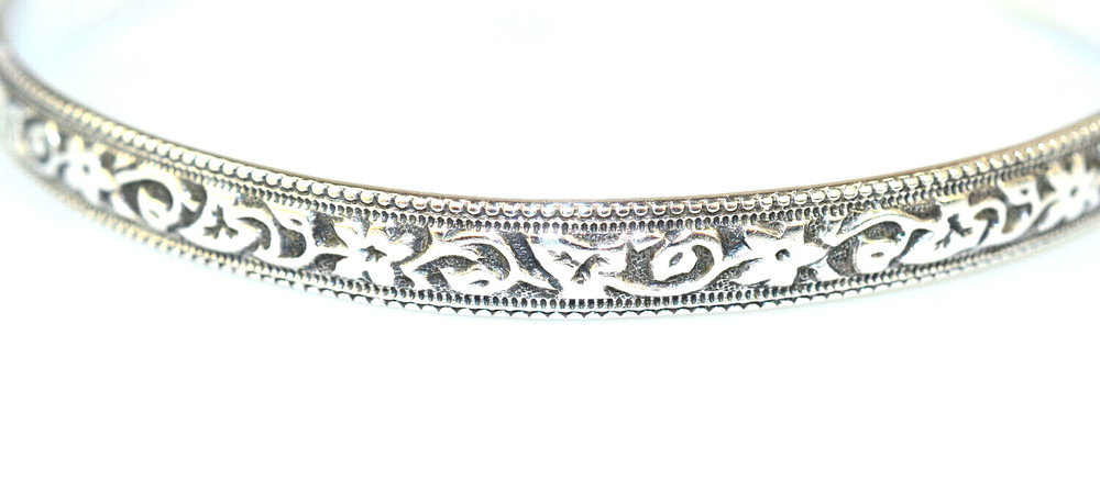 VINTAGE DANECRAFT STERLING SILVER 5.7 mm BANGLE BRACELET LEAVES FLOWERS VINE