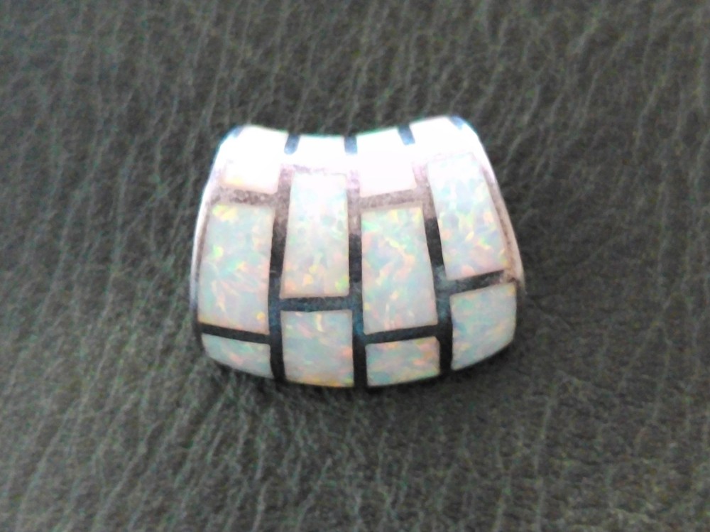 Vintage Sterling Silver Slide Pendant Curved Opal Mosaic Inlay 3/4″