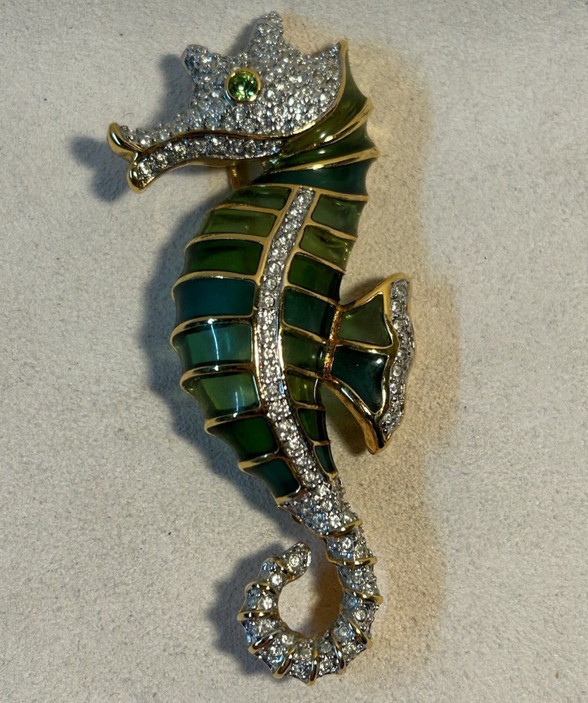 VTG KJL Gold Tone Plique- A – Jour Seahorse Brooch