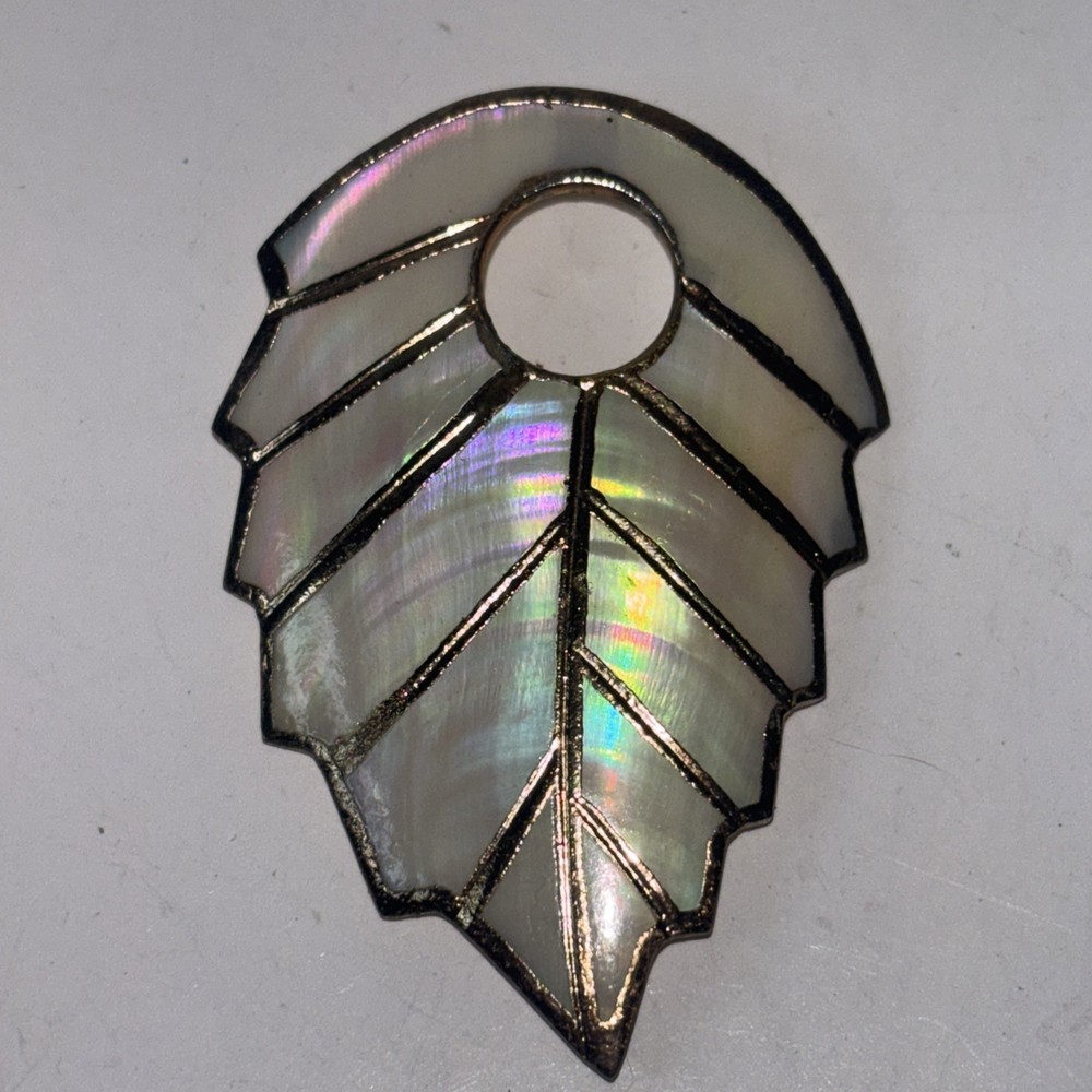 Mother Of Pearl Shell Pendant Art Deco Geometric Brass Tone Statement Pendant
