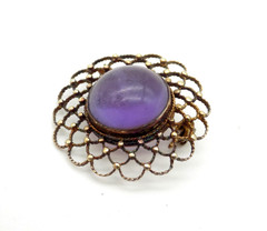 Sterling Silver Purple Amethyst Cabochon Brooch Ornate Woven Gold Vermeil