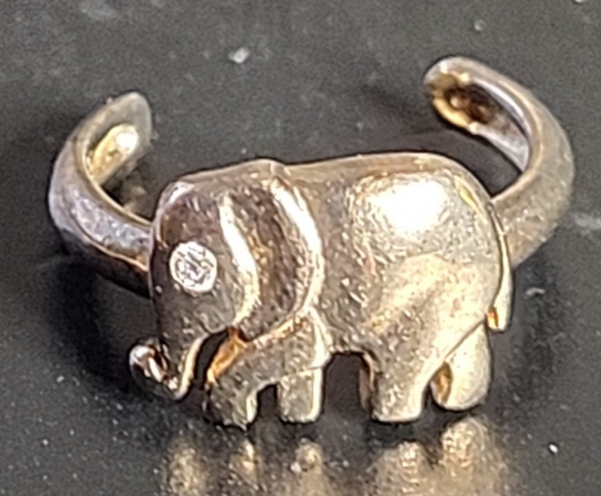 Vintage Sterling Silver Seta Elephant Ring Gold Plated Vermeil CZ Eye 3.25
