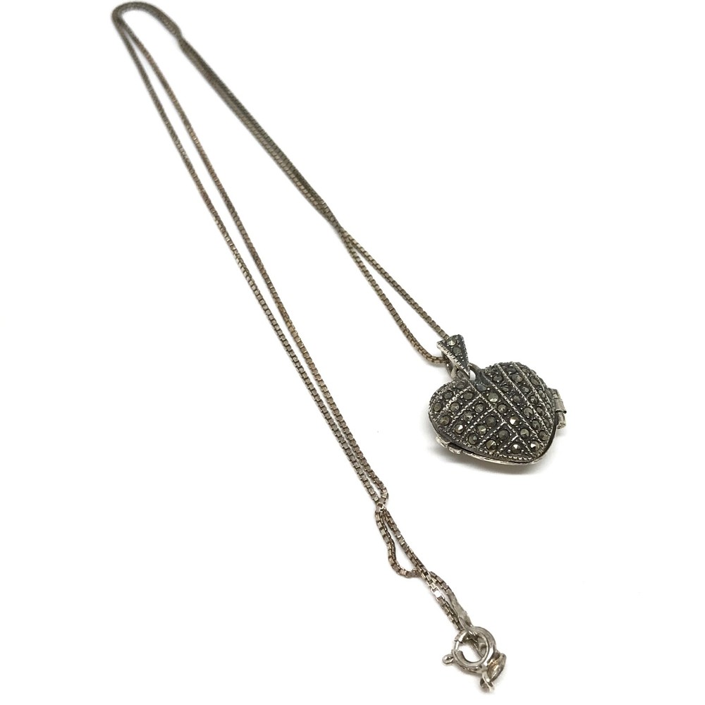 Vintage 925 Sterling Silver Marcasite Heart Locket Pendant Chain Necklace 24″