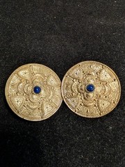 Vintage Goldtone ntricate Detailed Pierced Medallion Earrings, Blue Stone