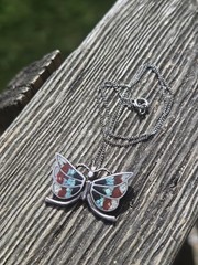 Vintage Butterfly Crushed Turquoise & Coral Necklace Silver Tone Alpaca Choker