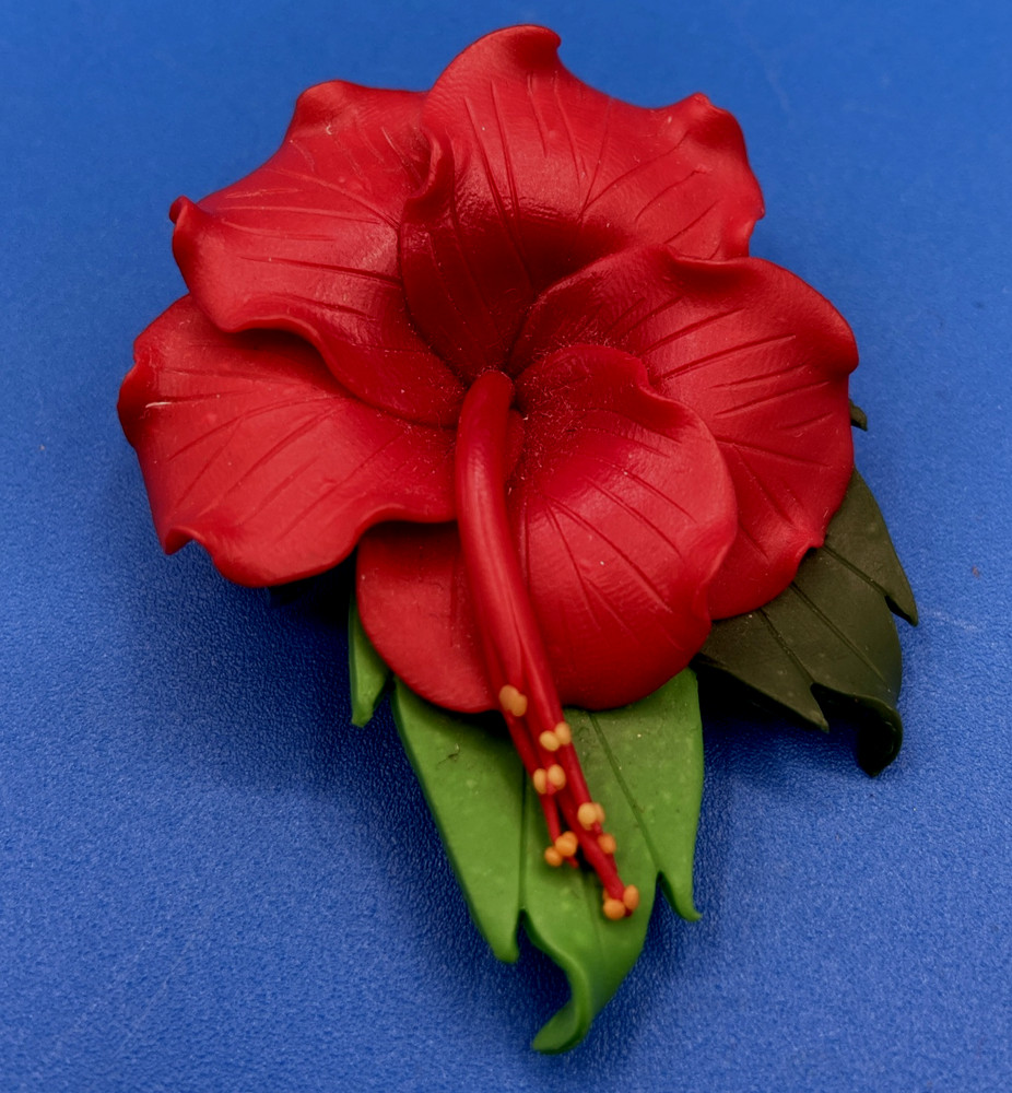 HIBISCUS vintage PIN Brooch handmade polymer clay red