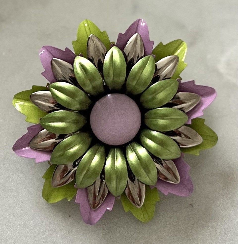Vintage Lavender & Green Enamel Flower Brooch ~ Nice!