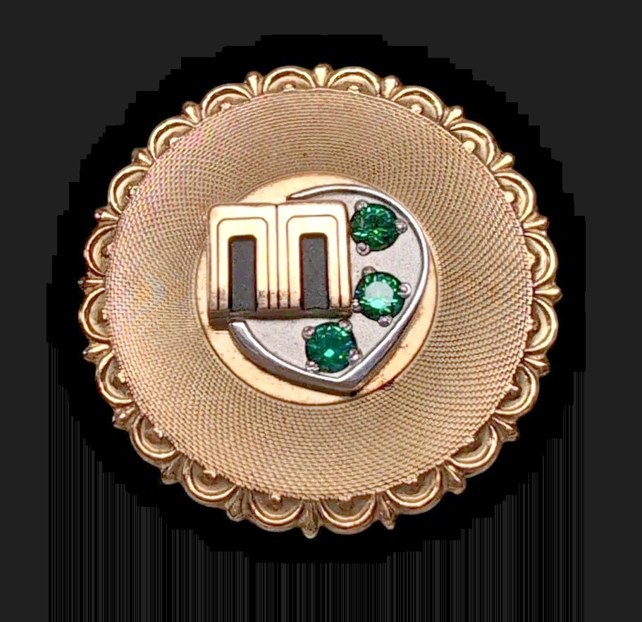 Vtg 12K Gold Filled Brooch Pin MCM Initial “M” Geometric Design Green Stones