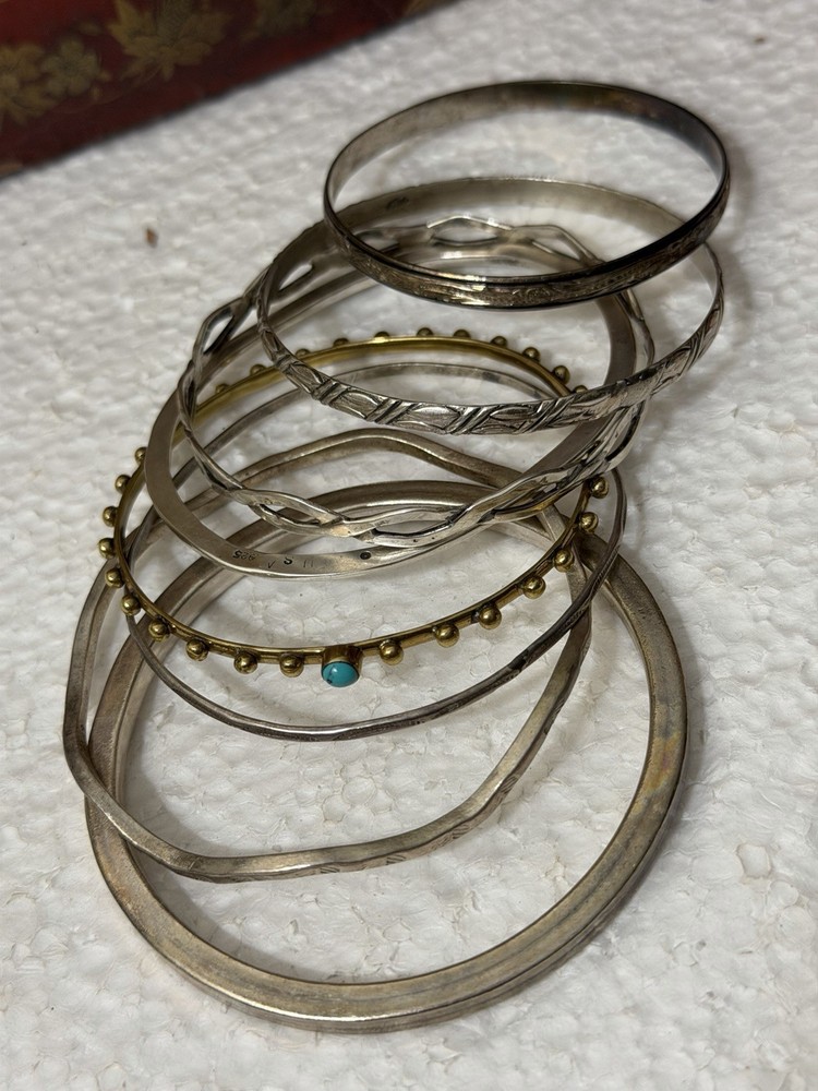 6 Sterling Silver & 1 Brass Bangle Bracelets 91 Grams Silver Marked/Tested