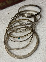 6 Sterling Silver & 1 Brass Bangle Bracelets 91 Grams Silver Marked/Tested