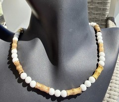 Vintage 18″ Hong Kong Goldtone Bamboo And Round White Bead Necklace Hook Clasp