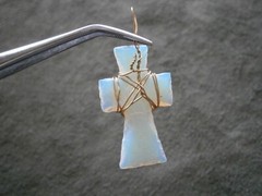 Opalite Milky White Vintage Goldtone Wire Wrapped Cross Pendant 2.4g