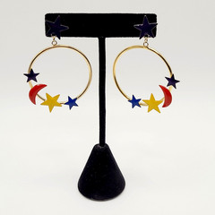 Stars Crescent Moon Colorful Enamel Metal Gold Tone Round Hoop Pierced Earrings