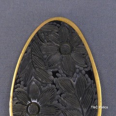 Vintage Carved Bakelite Black Floral Scarf Clip Gold Tone Frame Hinged Retro