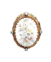 Vintage West Germany Floral Cameo Earrings & Brooch Set SEE DESCRIPTION