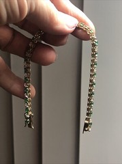 15. Vtg. Yellow 925 Sterling Green Emerald White CZ Tennis Bracelet 6 3/4″, 11g